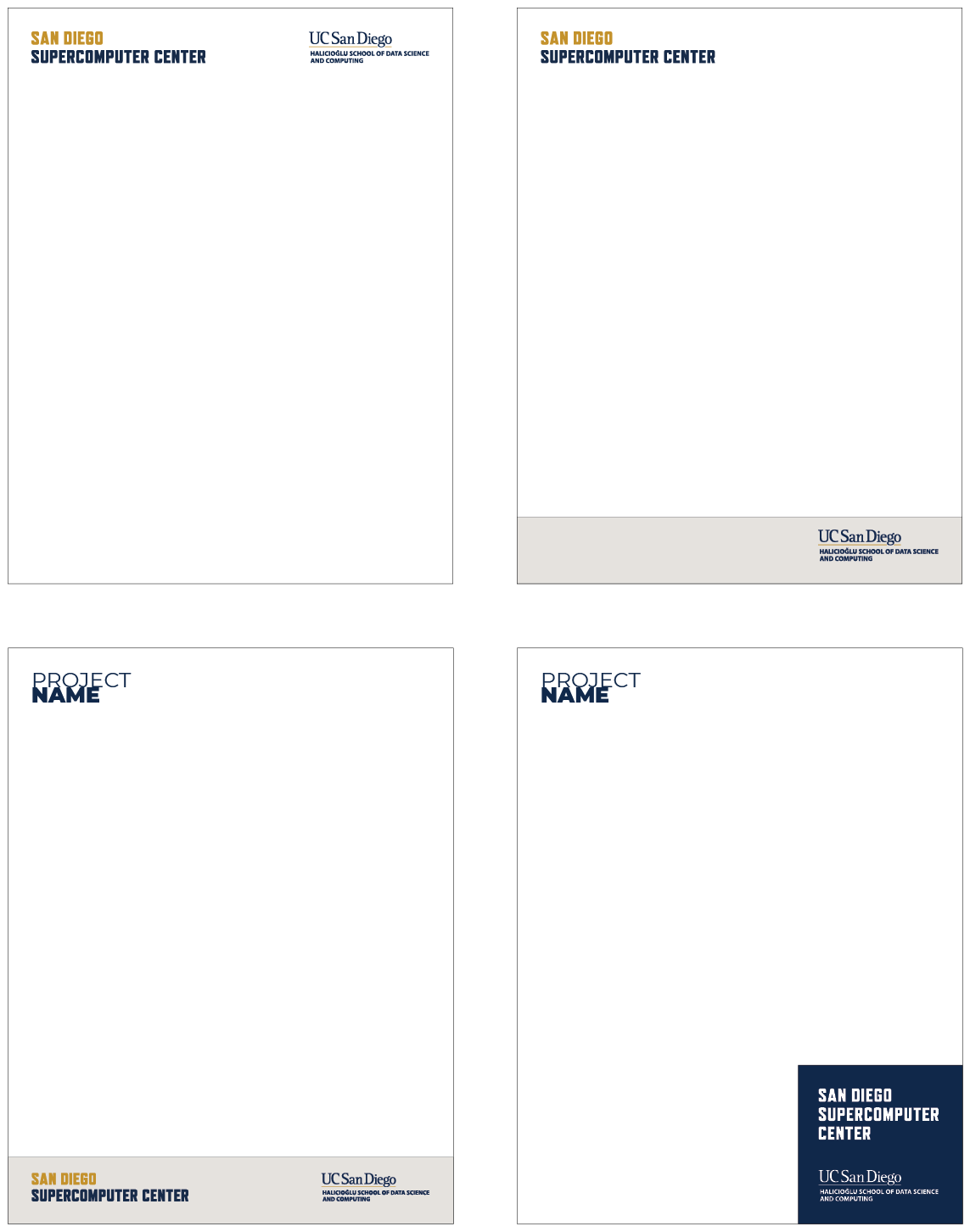 Four-panel brand guide layout showing logo placement options for San Diego Supercomputer Center and UC San Diego Halıcıoğlu School of Data Science and Computing
