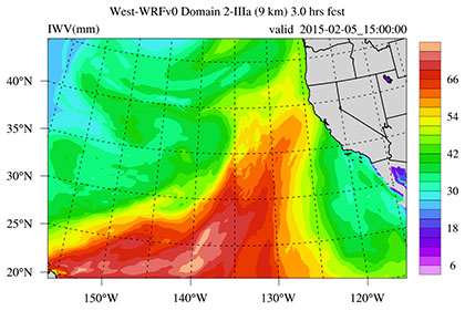 This video shows a 10-day forecast of the recent Atmospheric River (AR) event as it forms and impinges on the west coast of North America. The variable being forecast is IWV (Integrated Water Vapor); an estimate of the total amount of water in the atmosphere, and a well-established indicator of AR conditions when its value is large (>2 cm) and the characteristics structure is present (i.e. long and narrow in the mid latitudes). Hot colors (red) indicate high values; cool colors (blue) indicate low values. Andrew Martin/SIO and John Helly/SDSC, SIO