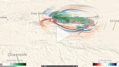 Animation of the wave propagation during a simulated Magnitude 7.8 earthquake rupturing the San Andreas Fault from northeast to southwest. Red/blue colors reflect the intensity of shaking; green indicates areas of permanent ground deformation. The three colored vertical