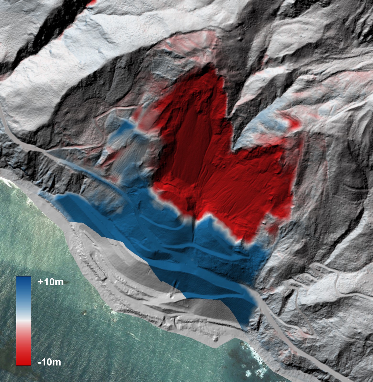 Topographical model of a cliffside with erosion loss in red and displaced material in blue.