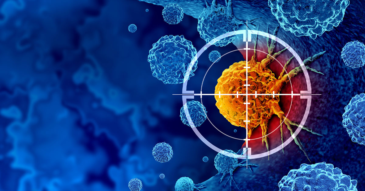 Rendering of cancer cells targeted in crosshairs.