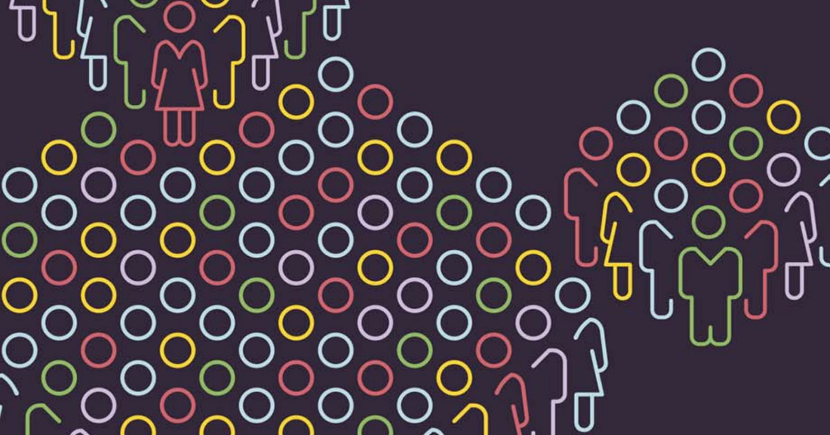 Image from book cover with line art drawing of people in groups.