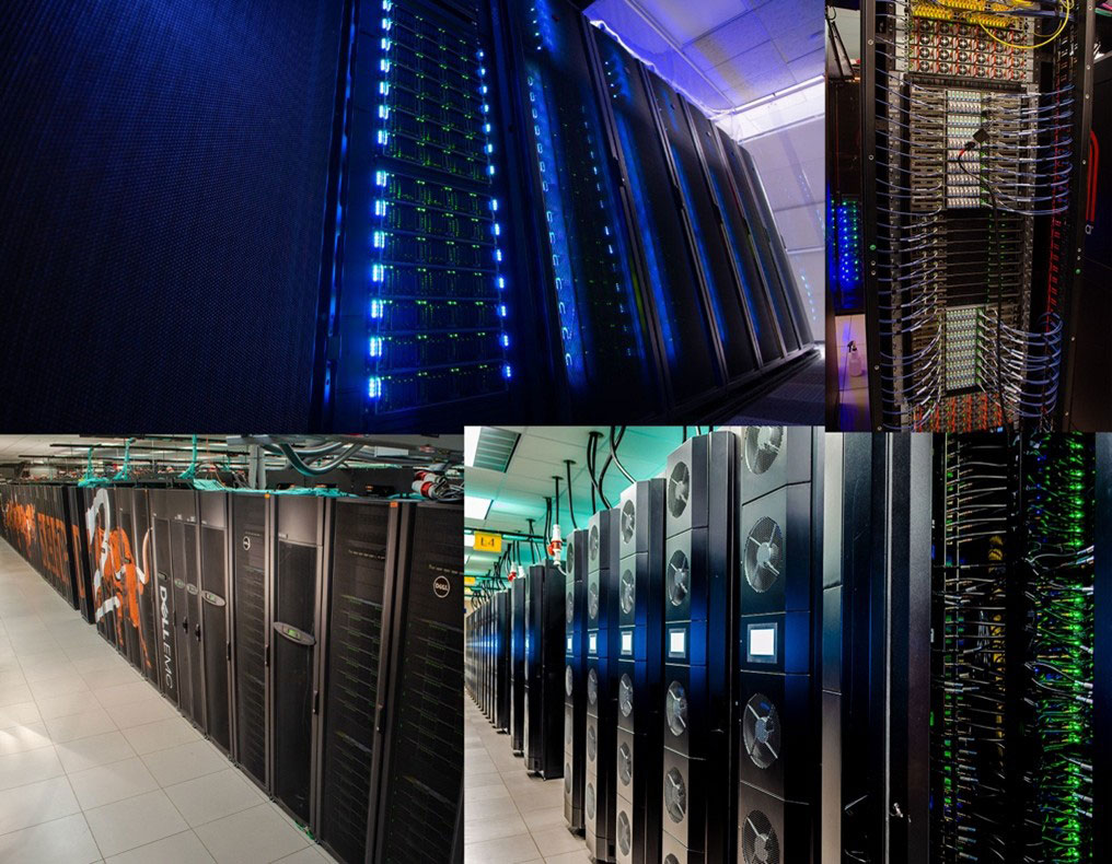 A collage of four photos showing rows of high-performance supercomputer server racks with blue and green indicator lights in a data center.