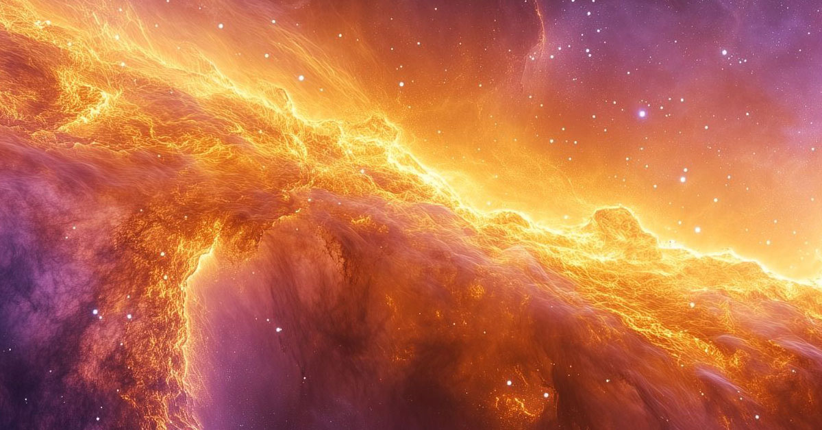 A fiery cosmic nebula with golden-orange dust clouds stretching diagonally across a purple, star-speckled deep space background.