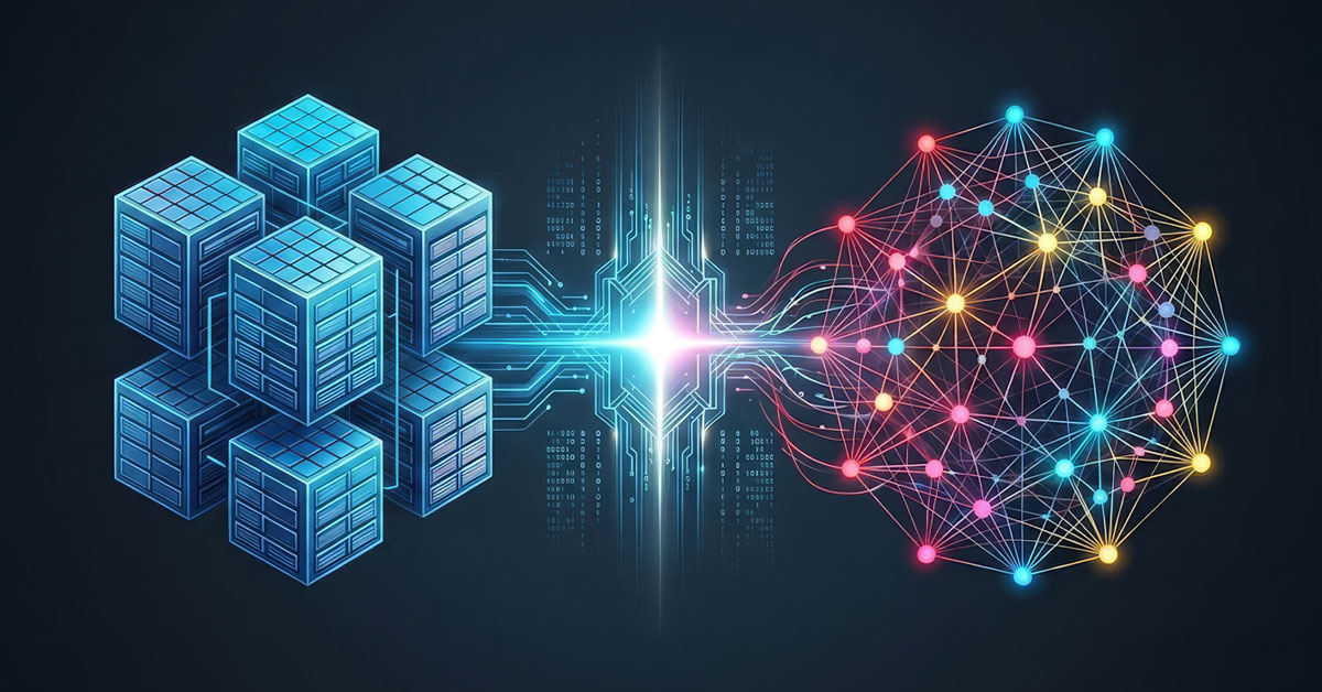 An abstract digital graphic of structured blue database cubes connected by a light beam to a vibrant, multicolored network graph on a dark background.