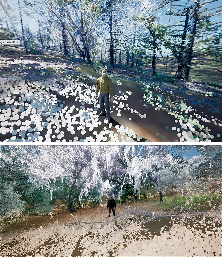 Two panels showing a 3D point-cloud digital twin simulation of a forest environment with a person standing inside.