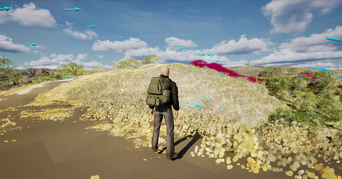 An avatar with a backpack stands on a barren hill looking at a simulated landscape with floating blue arrows and a magenta cloud.