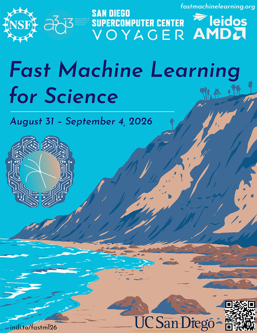 "Fast Machine Learning for Science" event poster featuring a graphic brain with circuitry and an illustration of ocean cliffs.