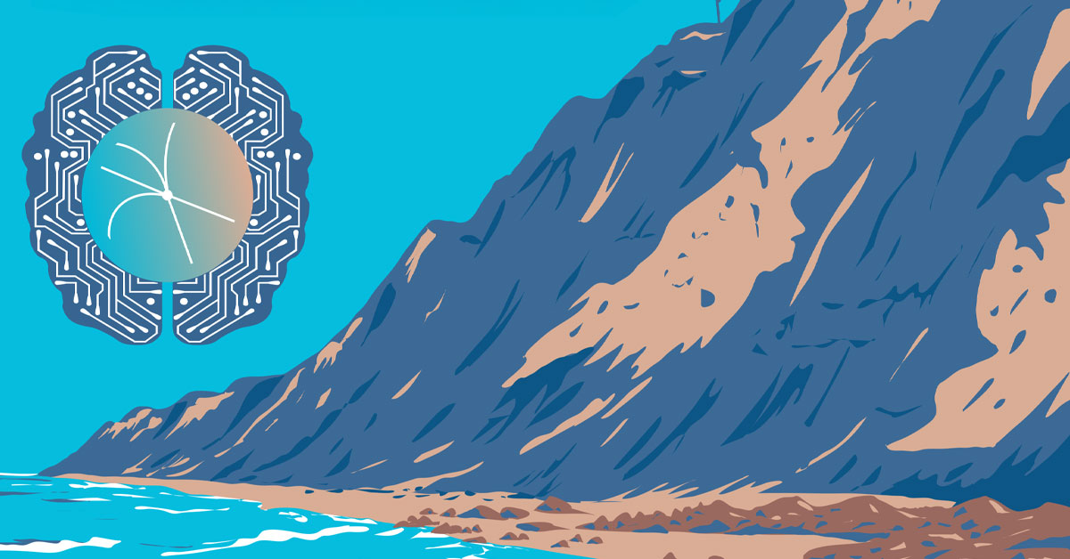 An abstract brain graphic with circuitry on a blue background, next to a stylized illustration of ocean cliffs and a beach.