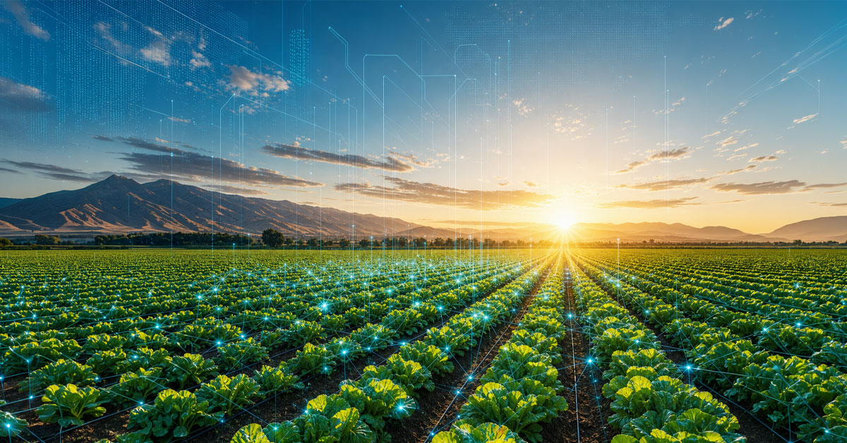 Green crop rows stretching toward a mountain sunset, overlaid with a glowing blue digital network grid.