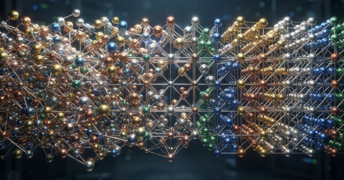 Abstract 3D lattice structure featuring colorful metallic spheres connected by a dense network of thin metal rods.
