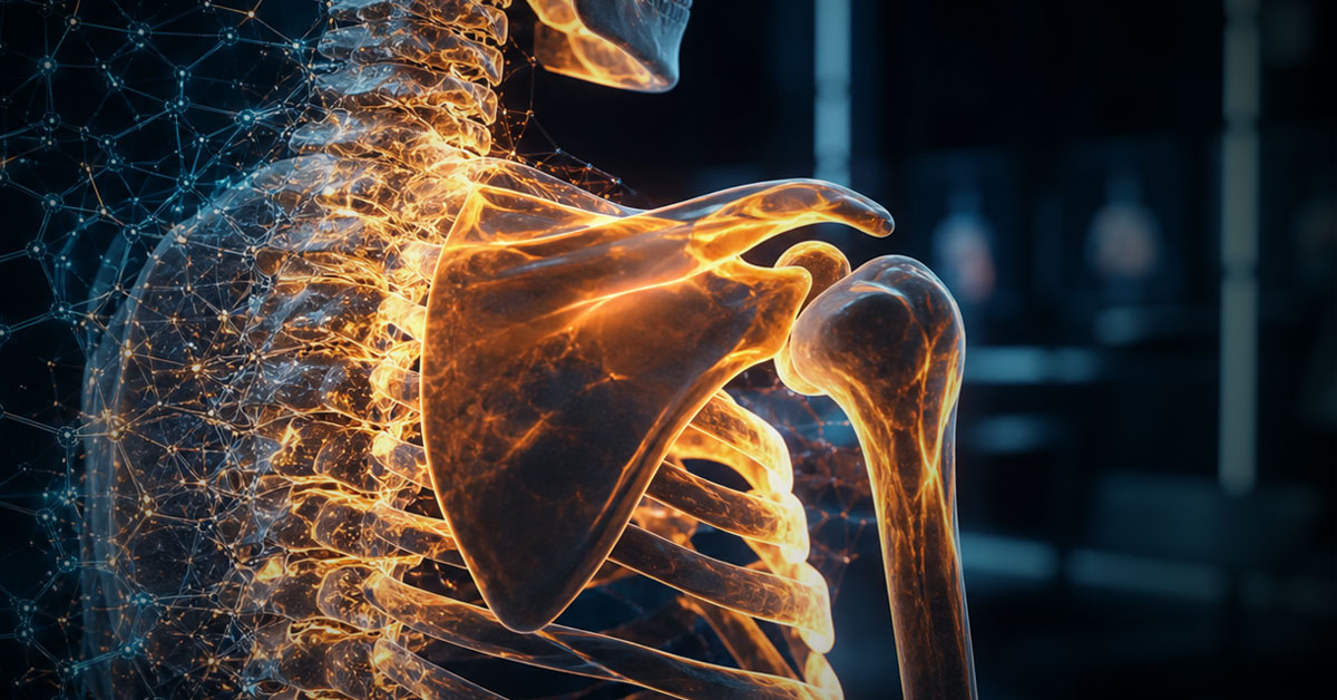 3D digital model of a human upper skeleton with a glowing orange shoulder joint and spine against a dark digital background.
